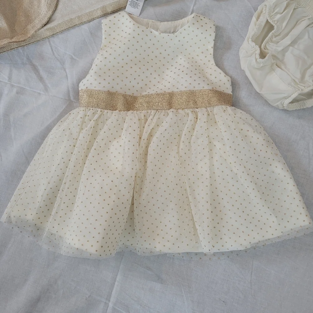 Just One You 3pc Ivory & glitter gold polkadot dress w/ gold cardigan 3m